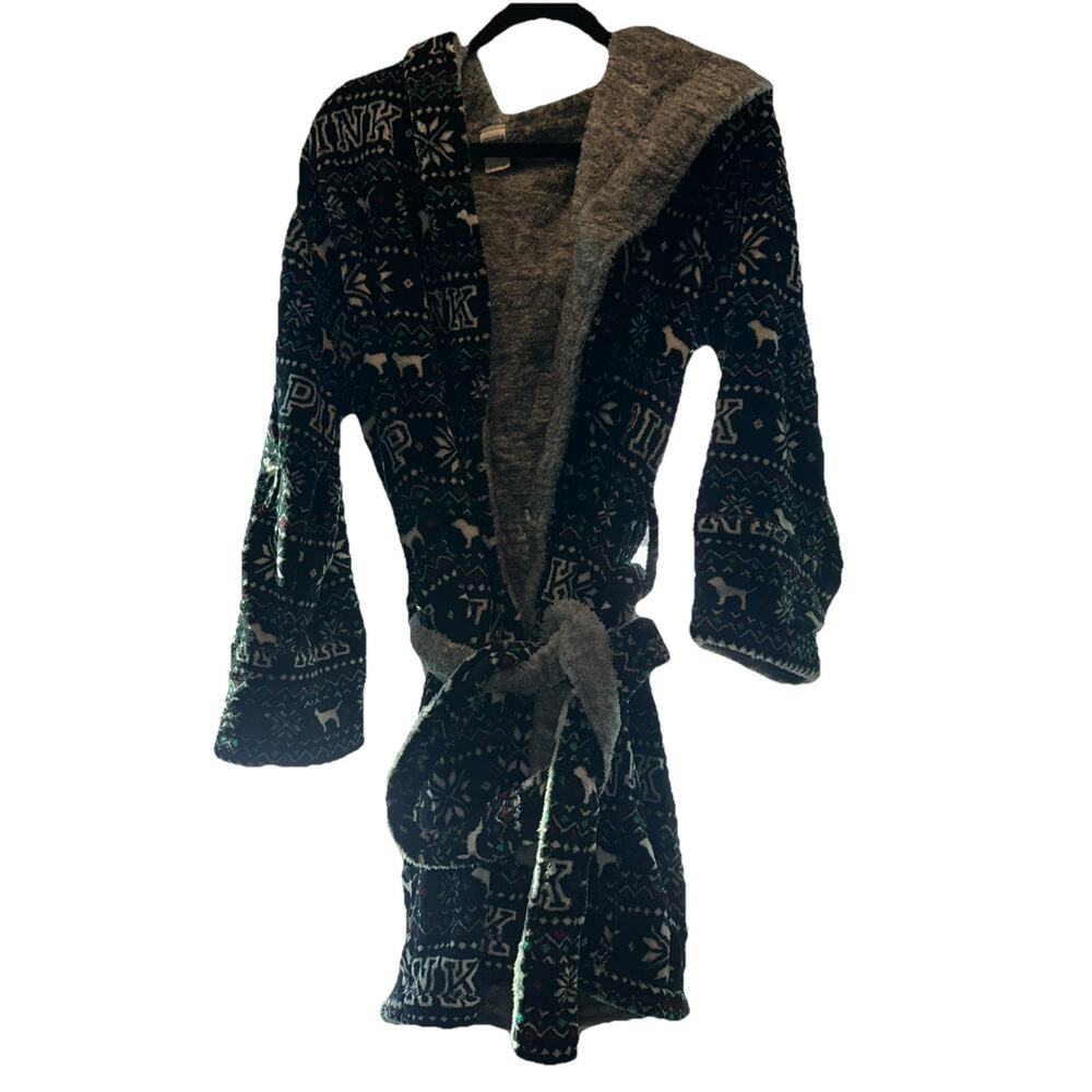 VICTORIA'S SECRET PINK ALL OVER PRINT PLUSH HOODED ROBE DOG SNOWFLAKE Large